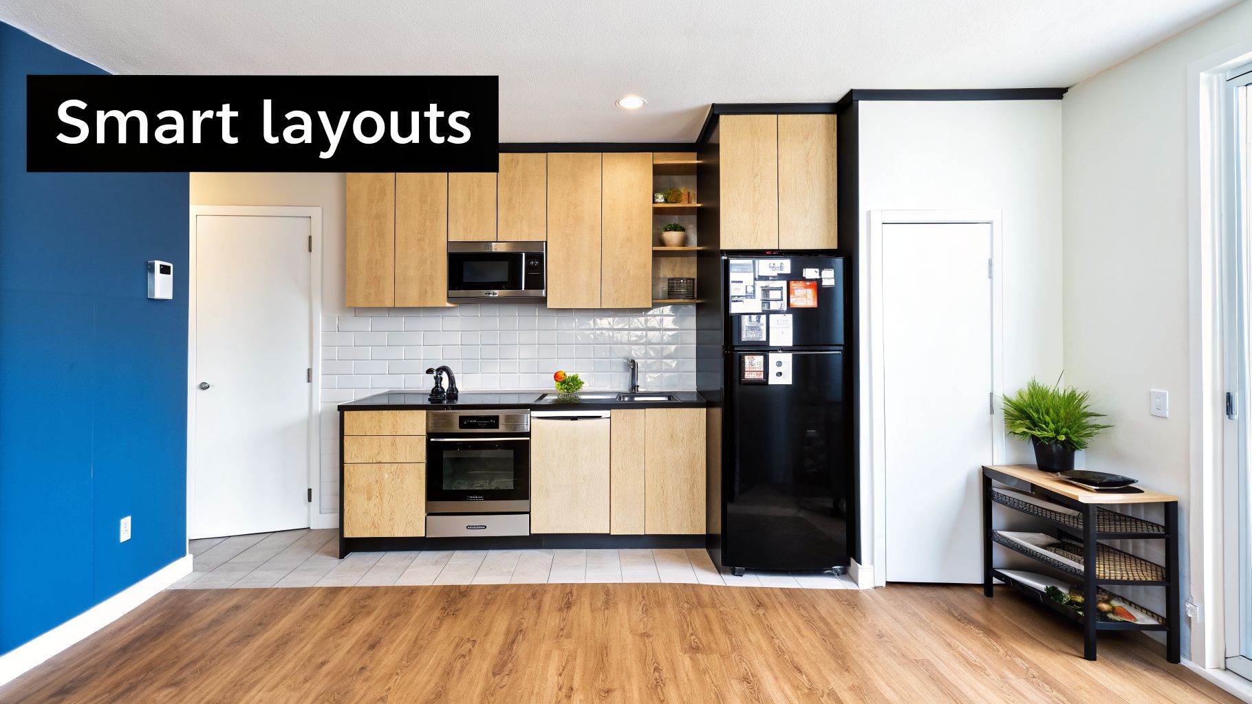 A modern kitchen in an urban apartment with light wood cabinets, black appliances, and a blue accent wall.