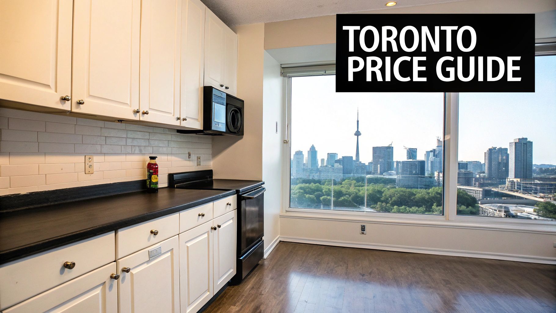 A modern kitchen featuring white cabinets, black countertops, and a wide window offering a Toronto city skyline view.