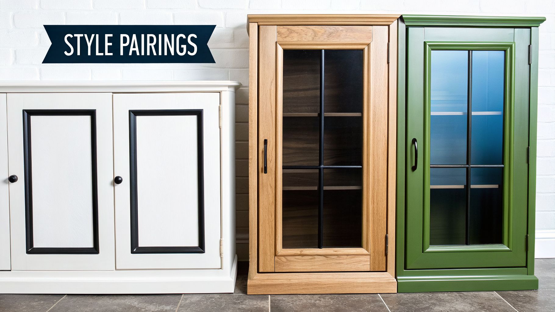 Three distinct kitchen cabinets in white, natural wood, and green, showcasing different styles for homes.