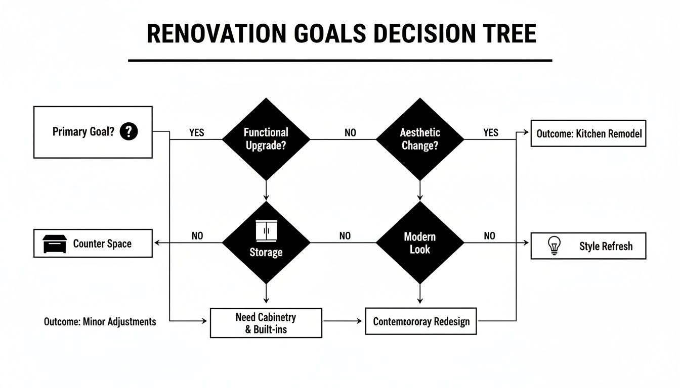A renovation goals decision tree flowchart guiding users through choices for kitchen upgrades and aesthetic changes.