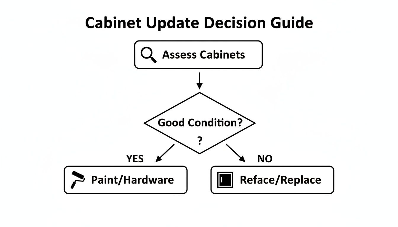 A flowchart titled 'Cabinet Update Decision Guide' illustrates steps for cabinet renovation based on condition.