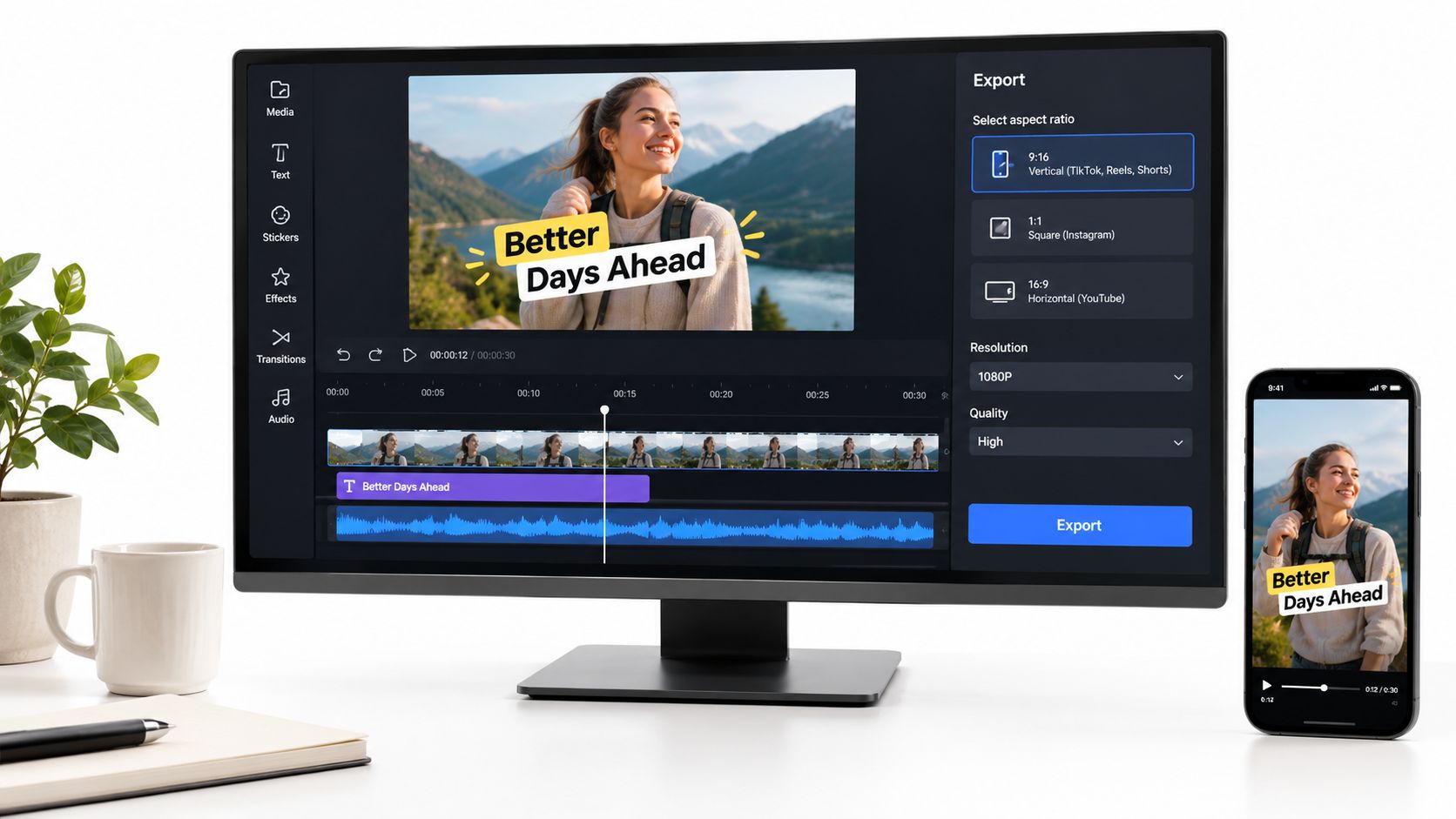 A professional video editing workspace displaying software on a computer monitor and a smartphone screen.