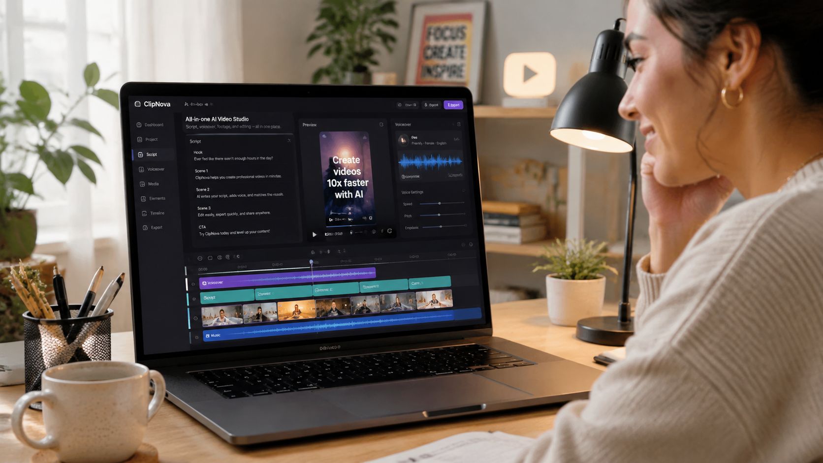 A creative professional working on a laptop while editing a short video using AI software in a studio.