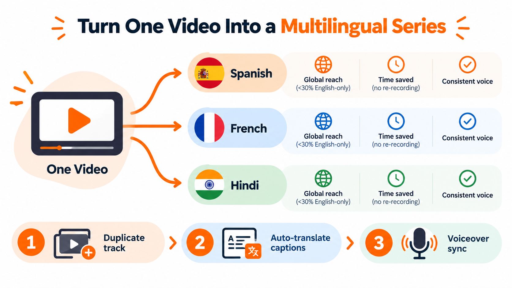 A diagram illustrating the three-step process to turn one video into a multilingual series for global audiences.