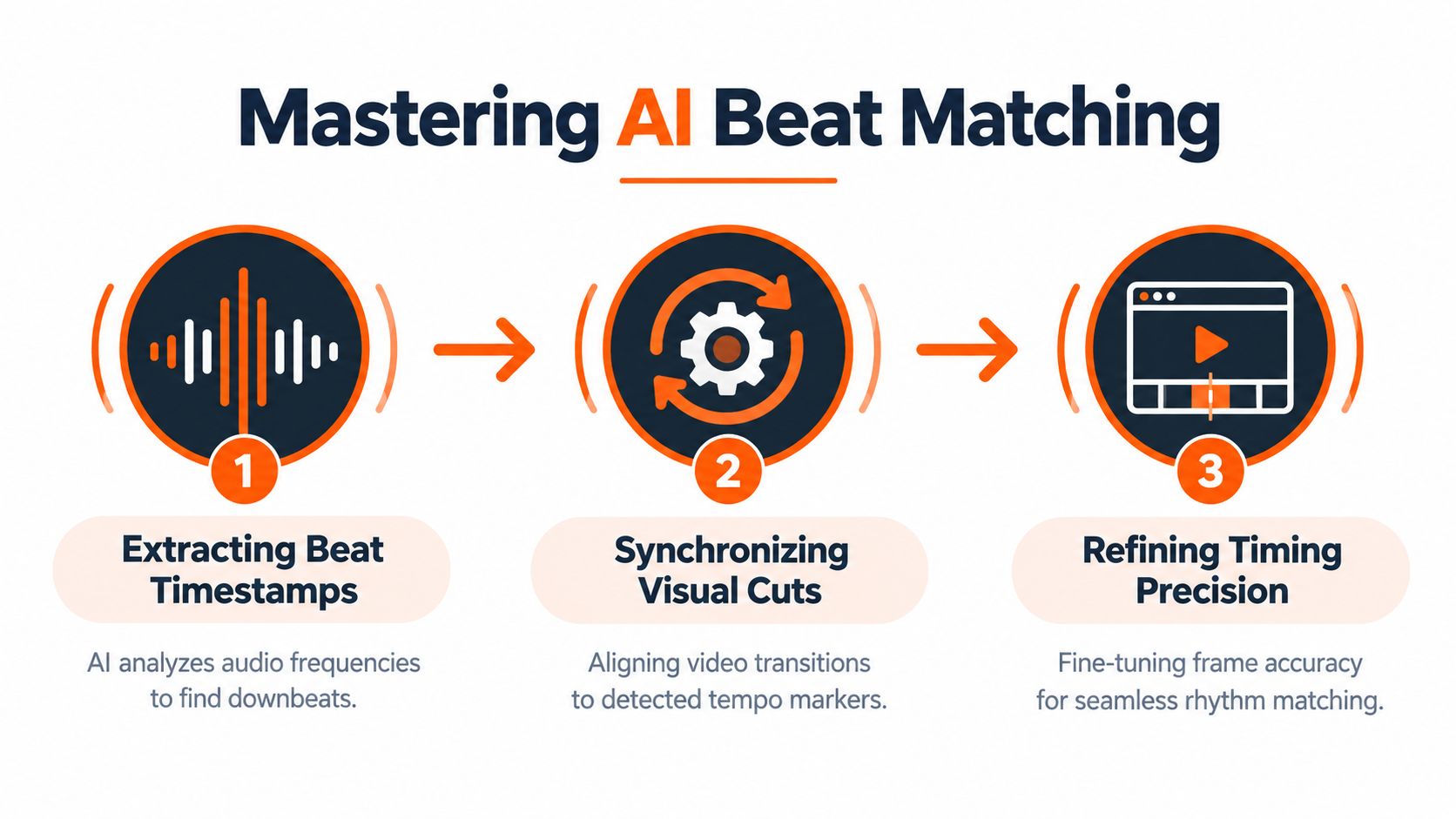 An infographic showing a three-step process for mastering AI beat matching in music to video editing workflows.