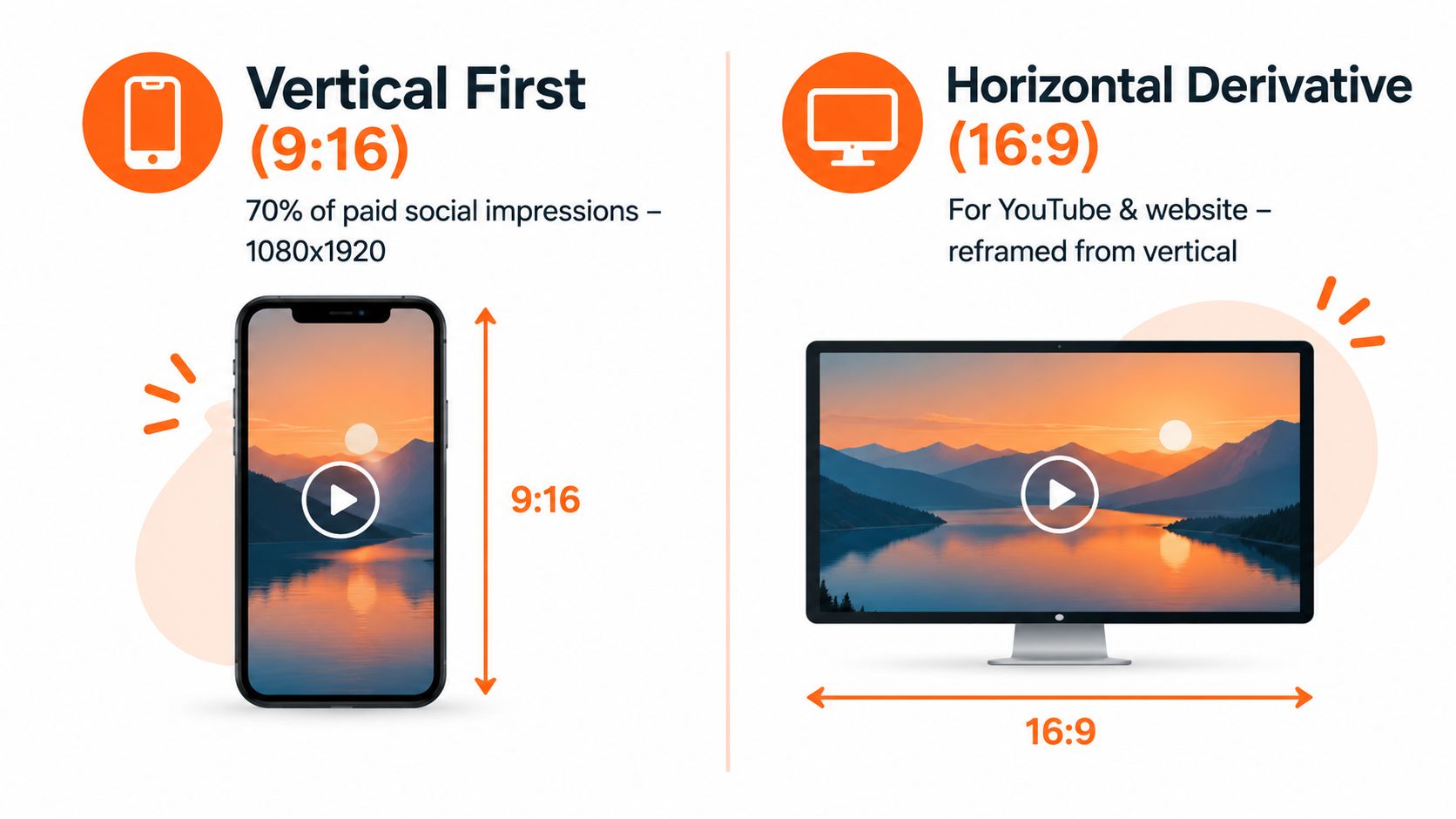 A comparison showing vertical 9:16 mobile video formats versus horizontal 16:9 desktop video formats for marketing.
