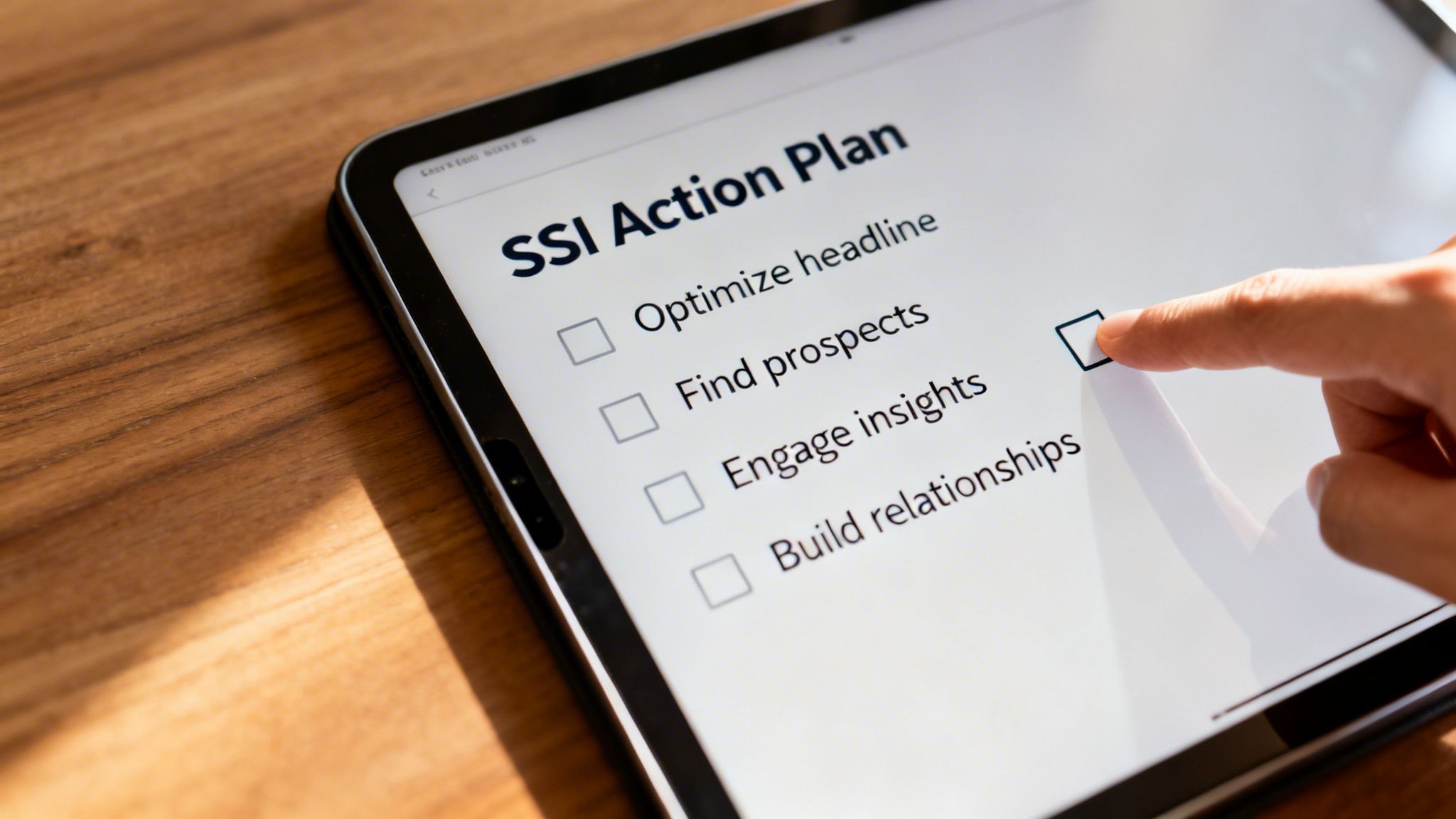 A finger taps a checkbox on a tablet displaying an 'SSI Action Plan' for social selling.
