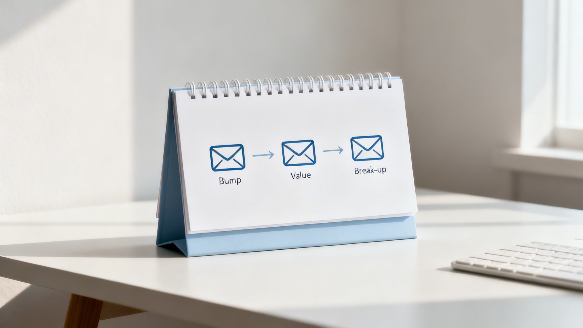 A desk calendar showing an email sequence diagram: Bump, Value, and Break-up, with envelope icons.