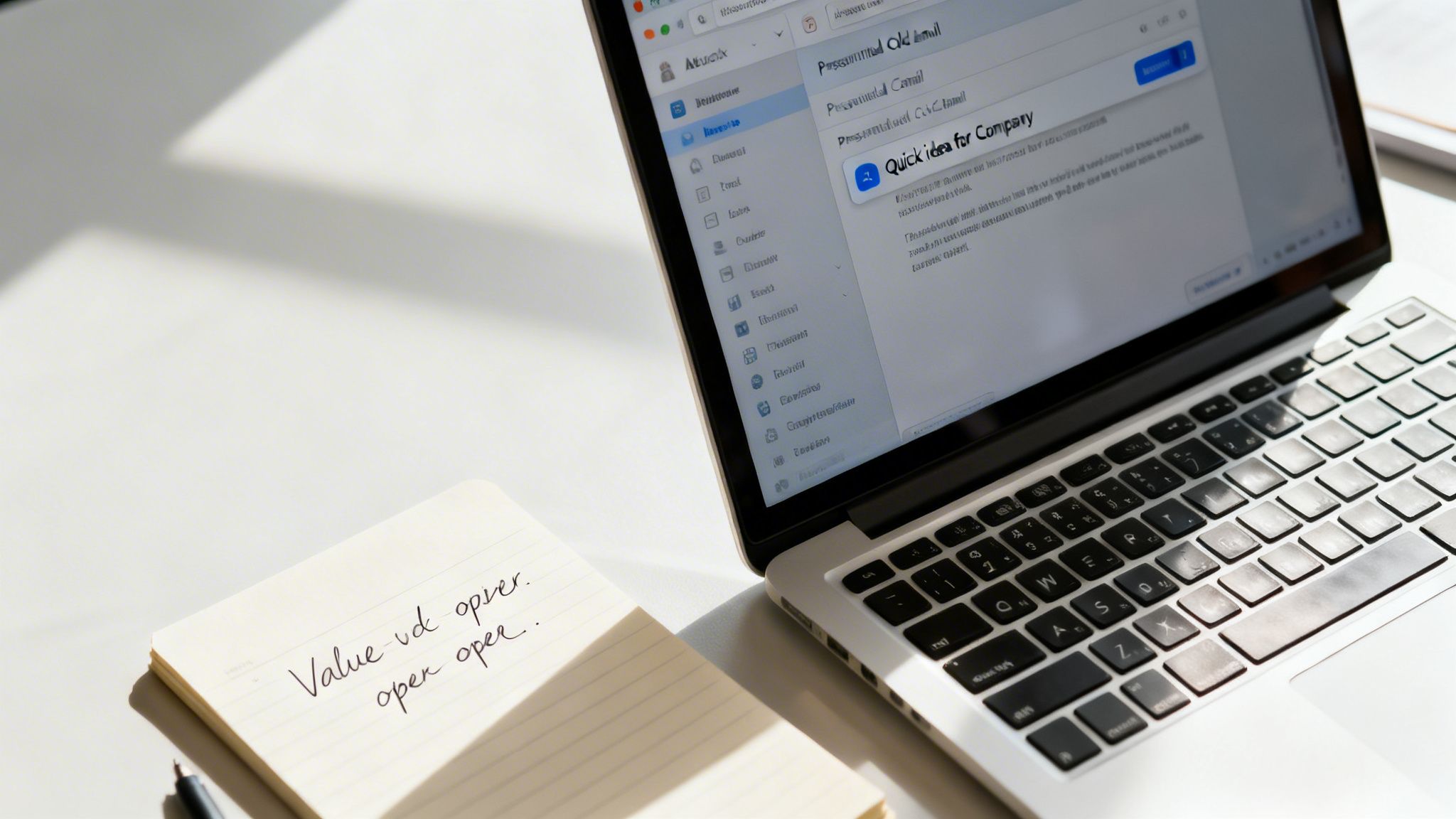 A laptop showing an email on a screen and a notebook with handwritten notes on a bright desk.