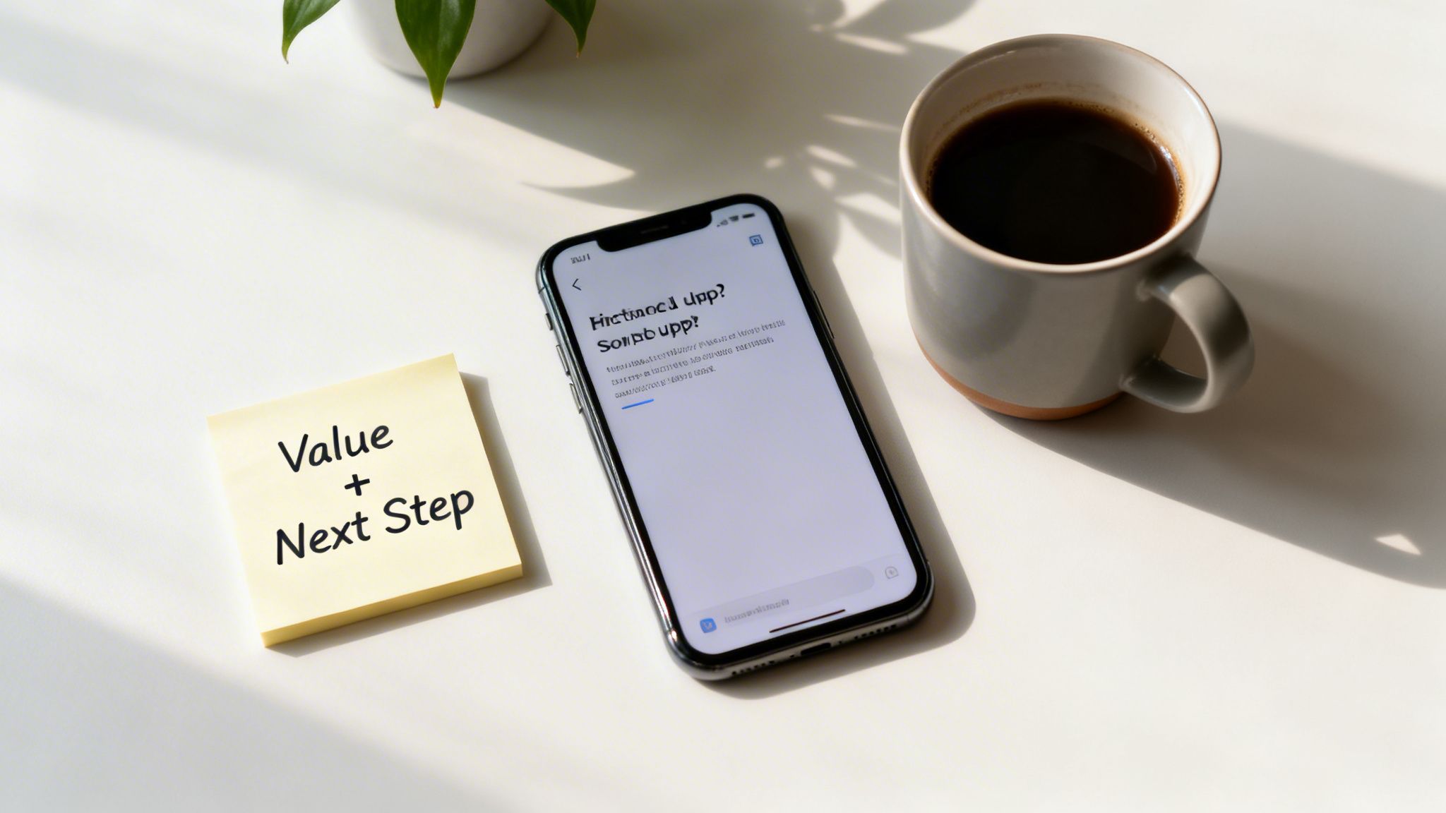 A desk flat lay with a smartphone, coffee, and a yellow sticky note reading 'Value + Next Step'.