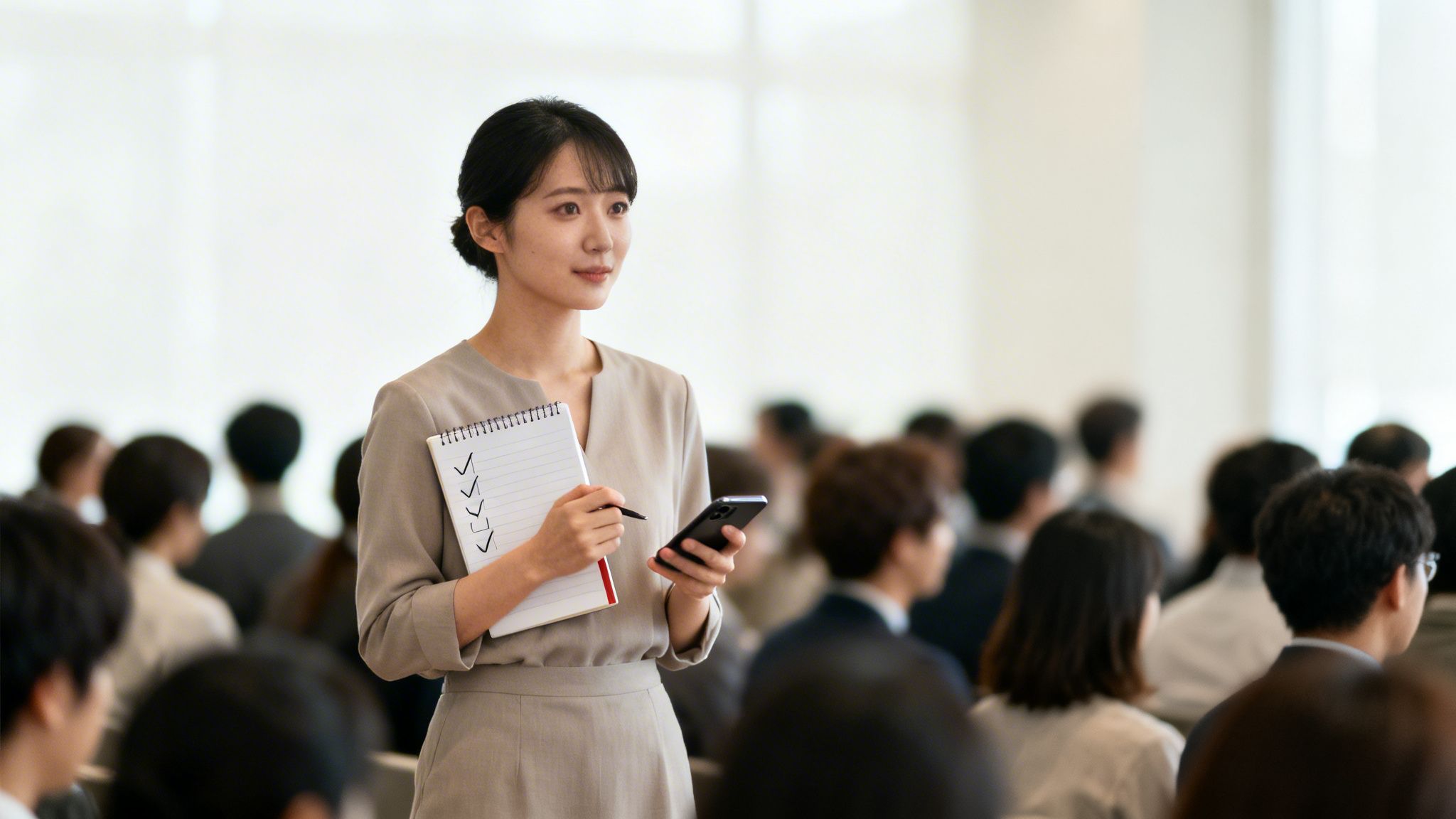 Attentive young woman holds a checklist notebook and smartphone at a professional event.