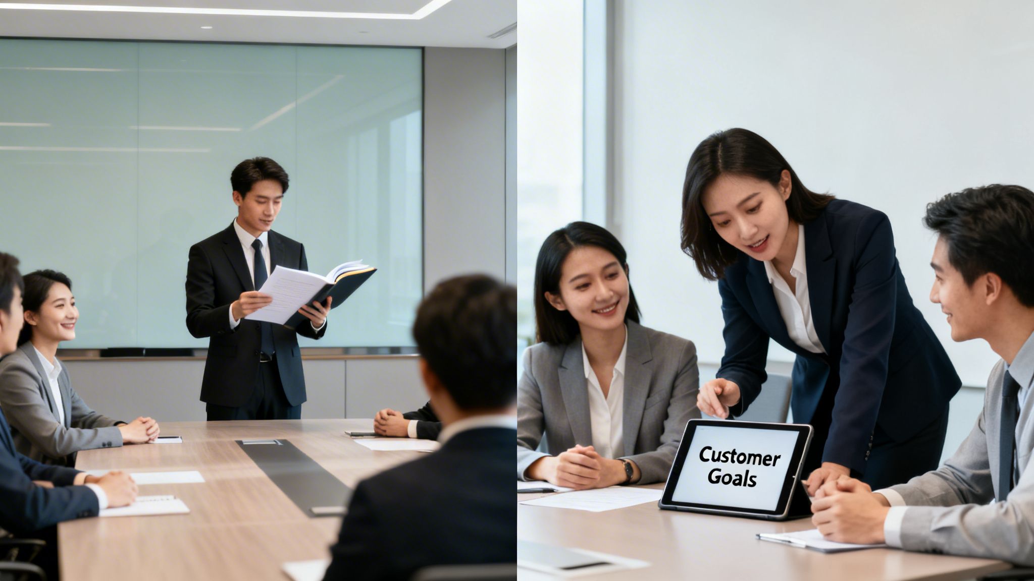 Asian business professionals hold meetings, one presenting, another discussing customer goals on a tablet.