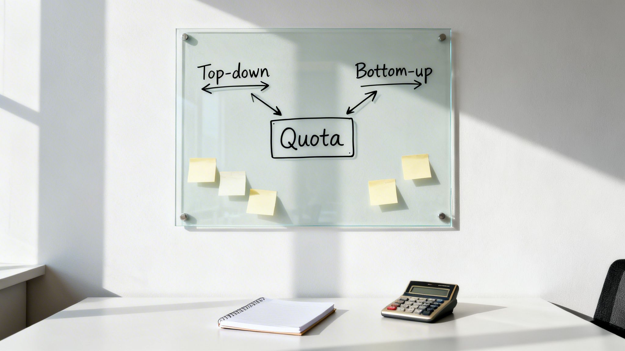 Whiteboard showing 'Quota' with 'Top-down' and 'Bottom-up' approaches, surrounded by sticky notes, on a desk with a notebook and calculator.