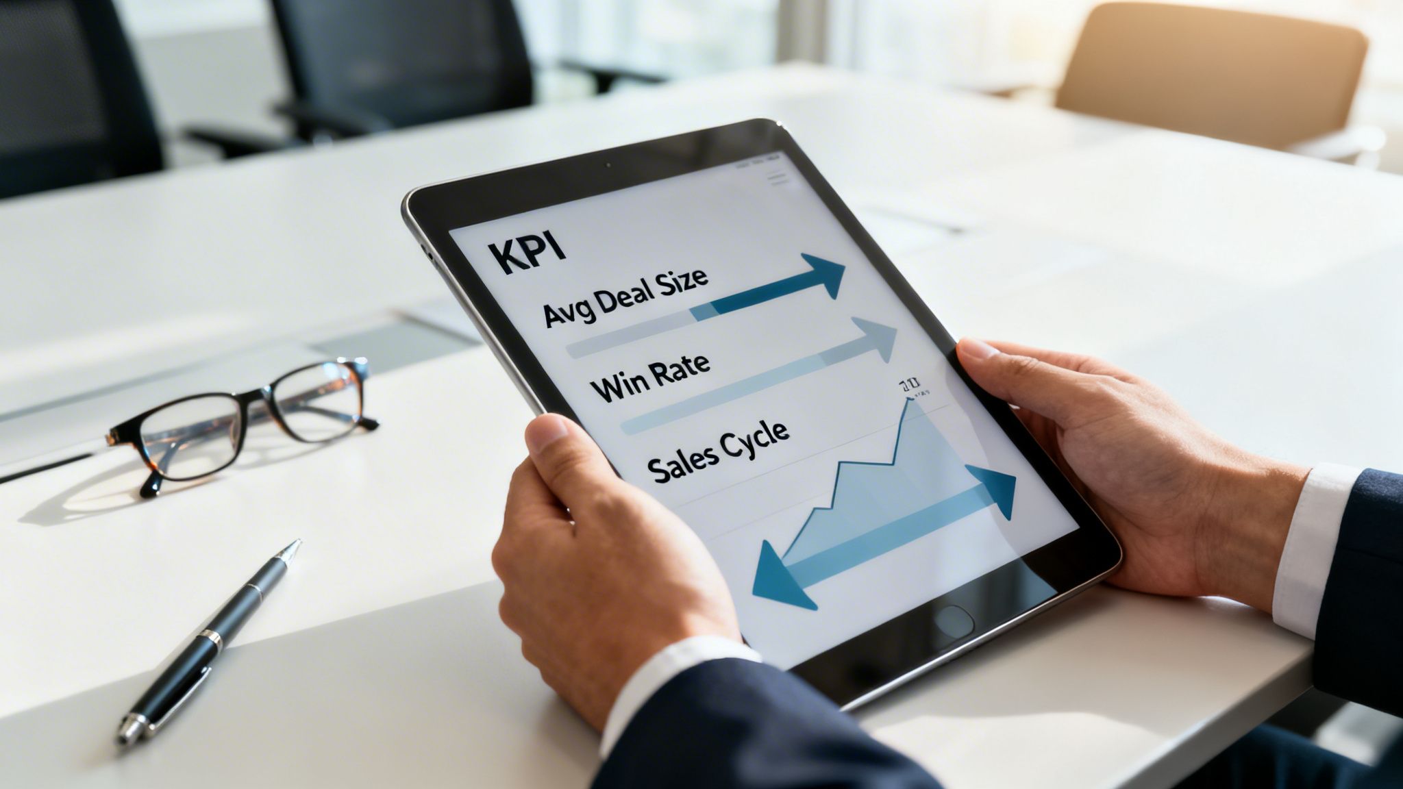 Person in a suit holding a tablet displaying business KPI metrics like deal size, win rate, and sales cycle.