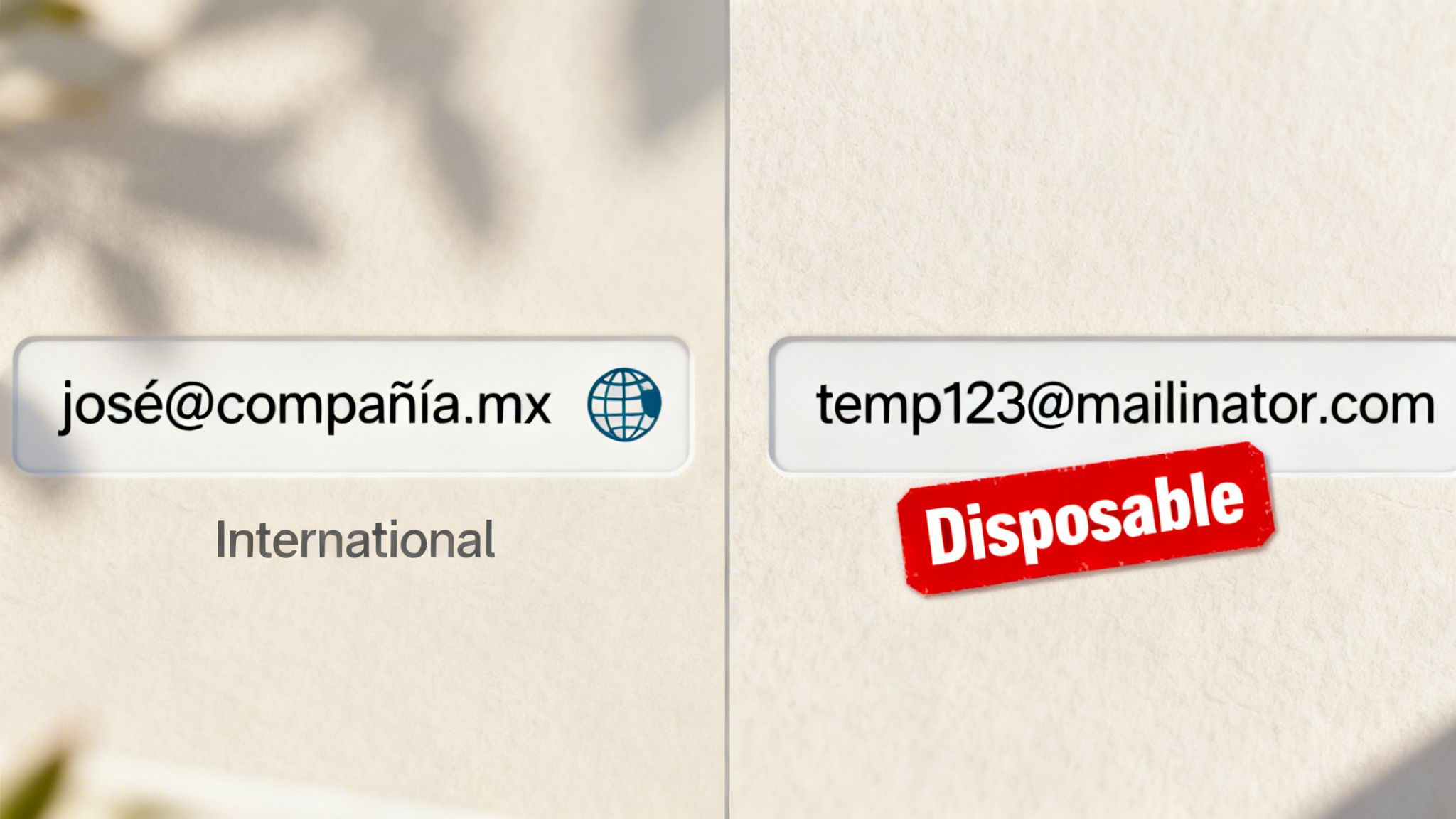 Two email addresses displayed: one with international characters and a globe icon, the other a disposable email with a red 'Disposable' label.