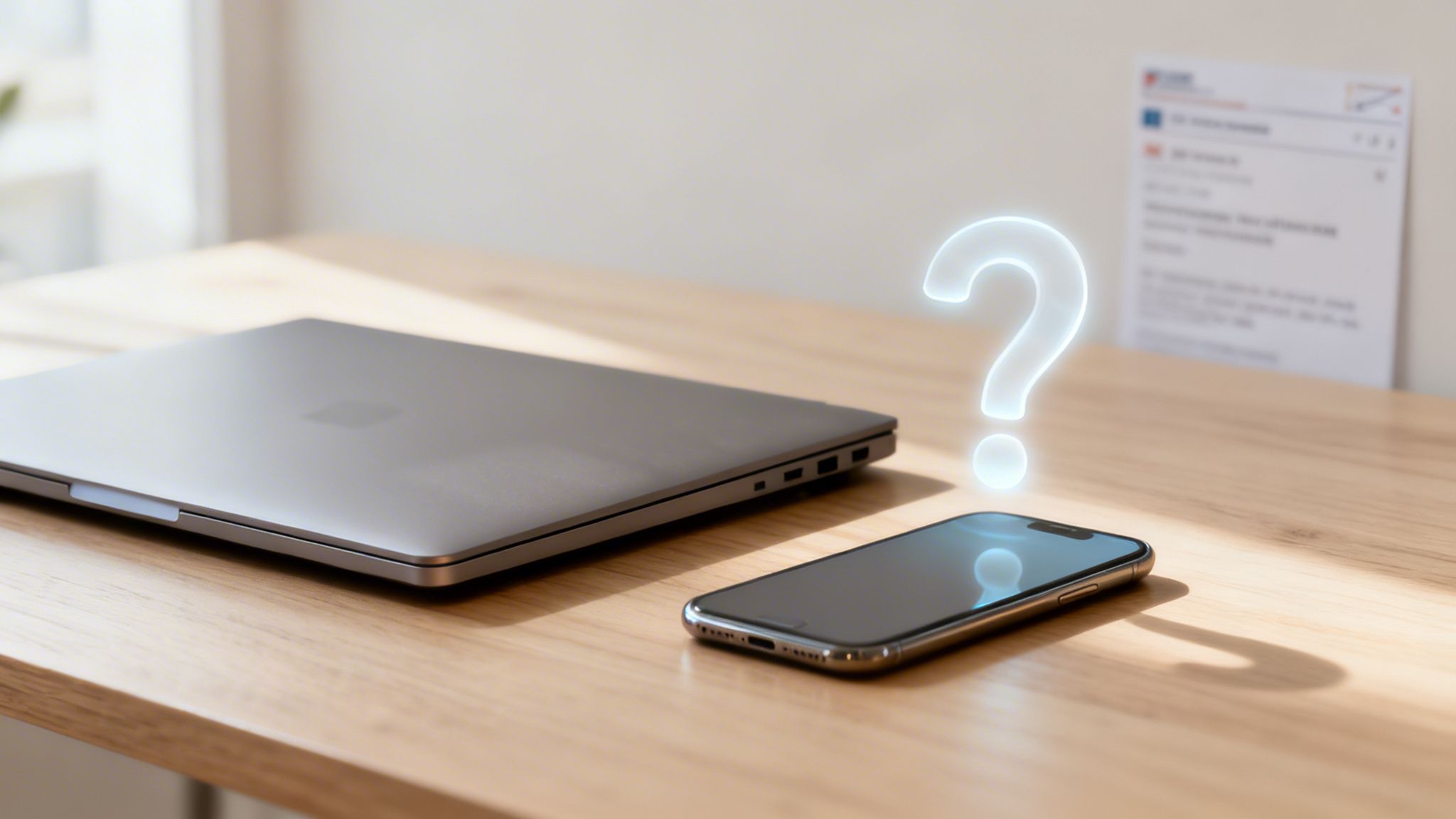 A laptop, smartphone, and glowing question mark sit on a light wooden desk, symbolizing digital inquiry.