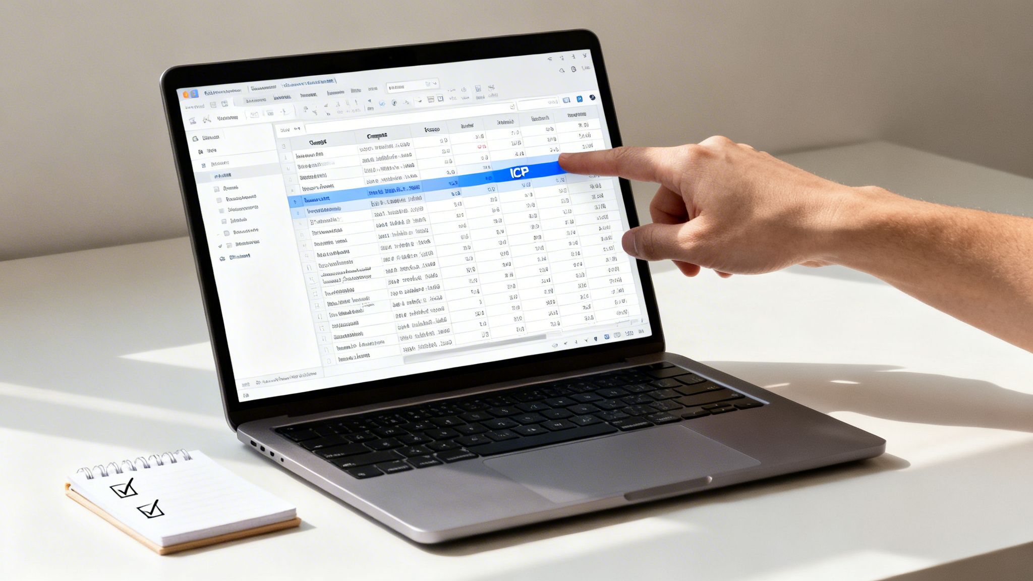 A person's hand points at a laptop screen displaying a data table, with a checklist notebook.