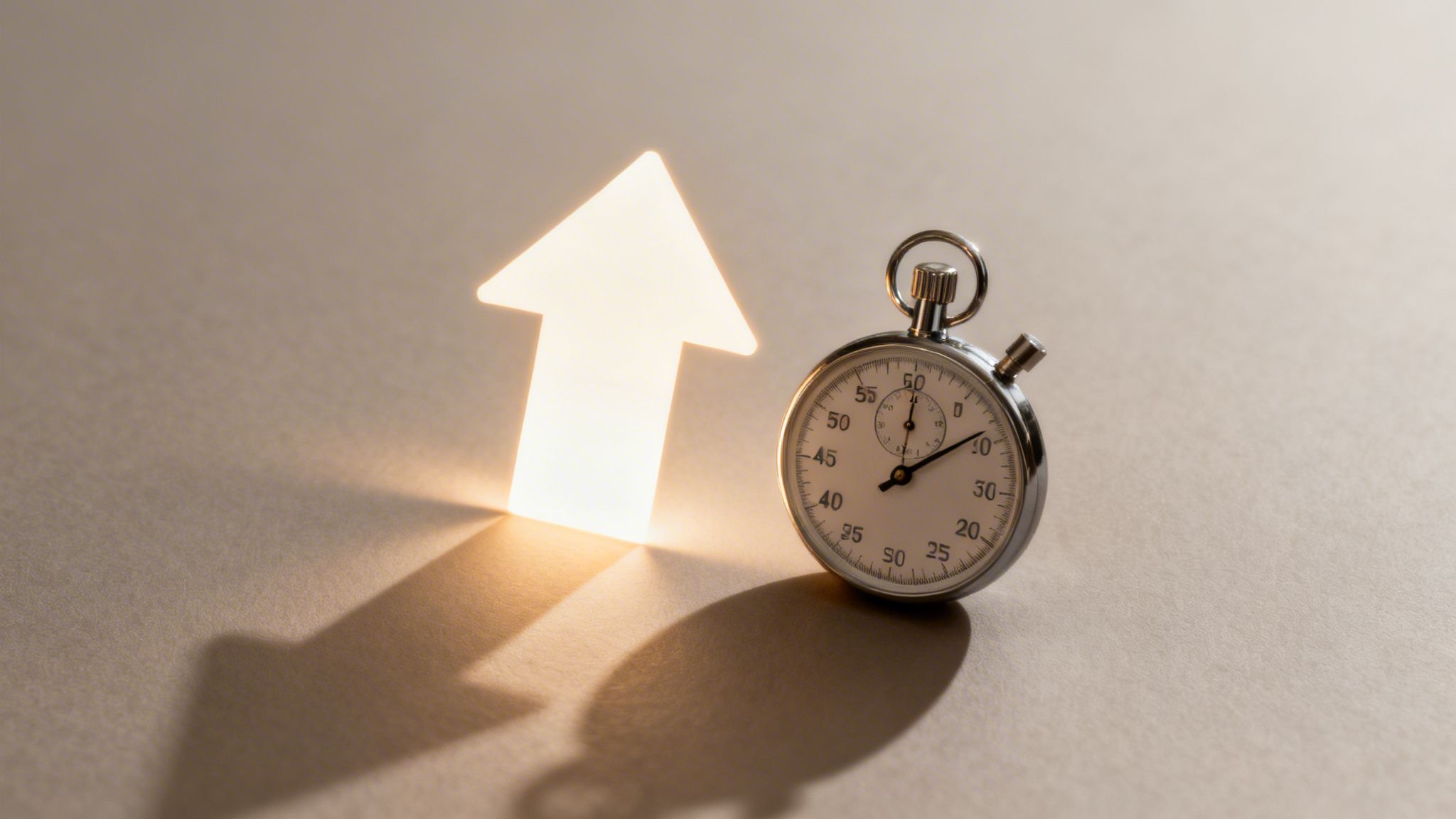 A glowing upward arrow stands next to a silver stopwatch on a light background, symbolizing progress.