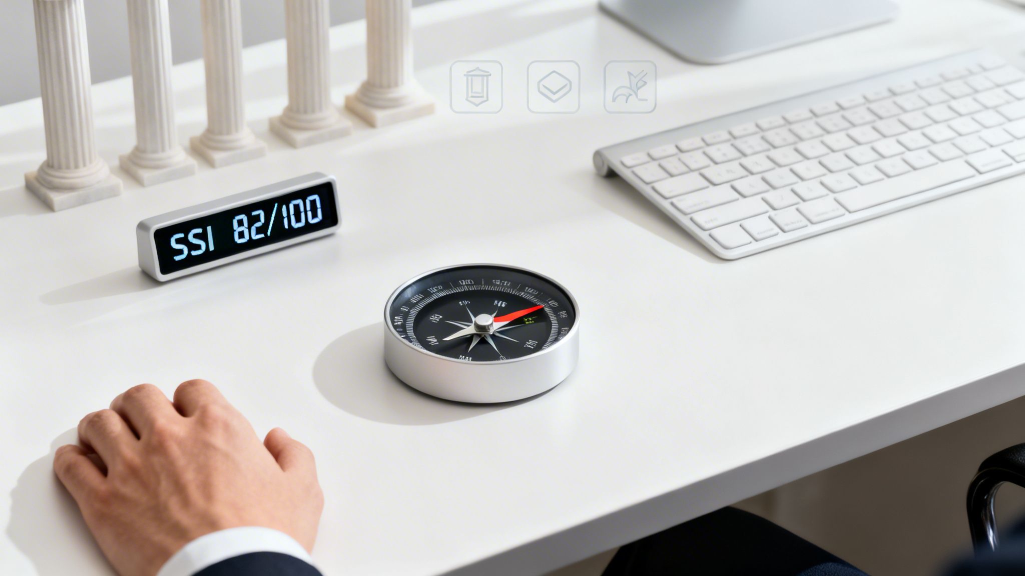 A person's hand on a desk next to a compass and a digital display showing SSI 82/100, symbolizing business strategy.