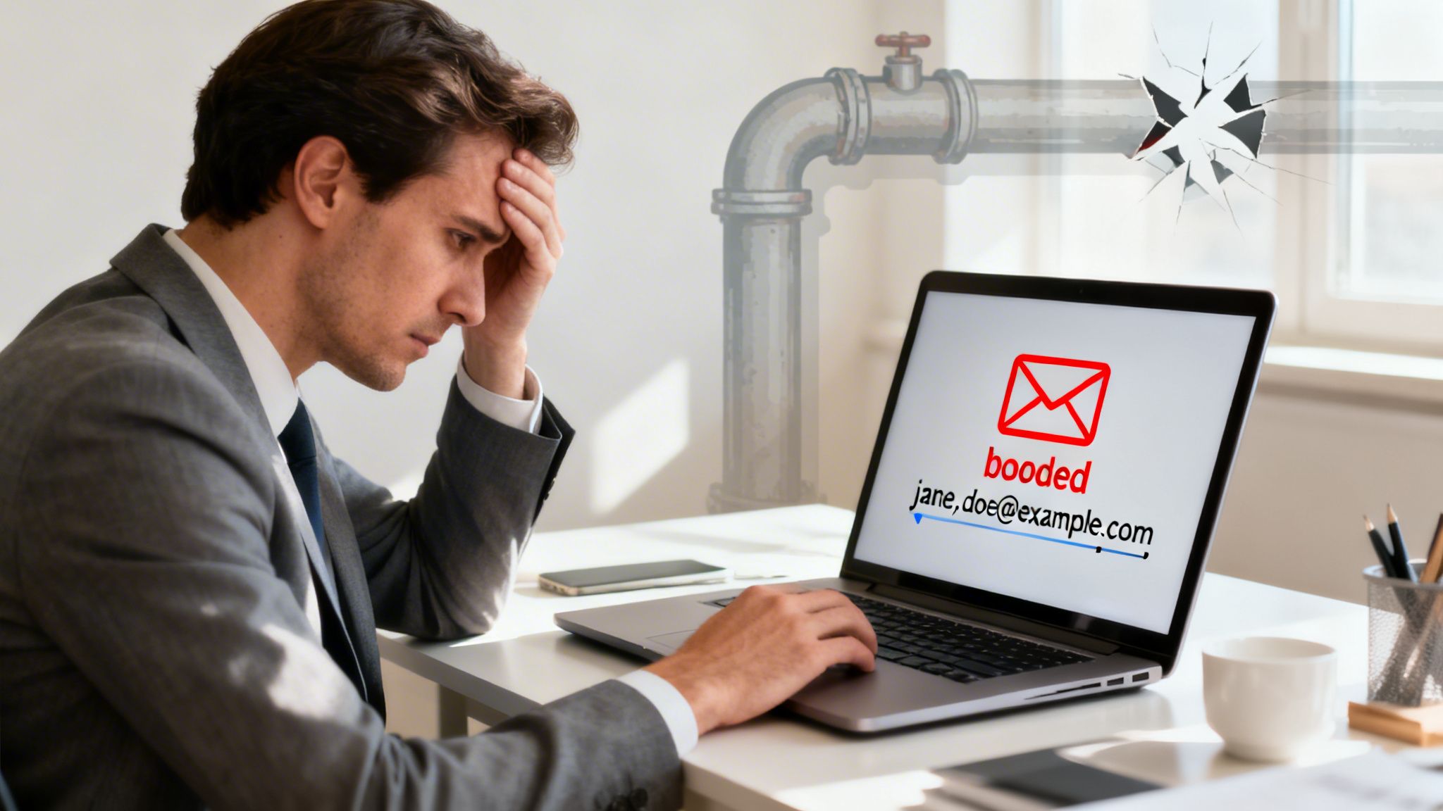 A man in a suit looks stressed while seeing an email error 'booded' on his laptop screen.