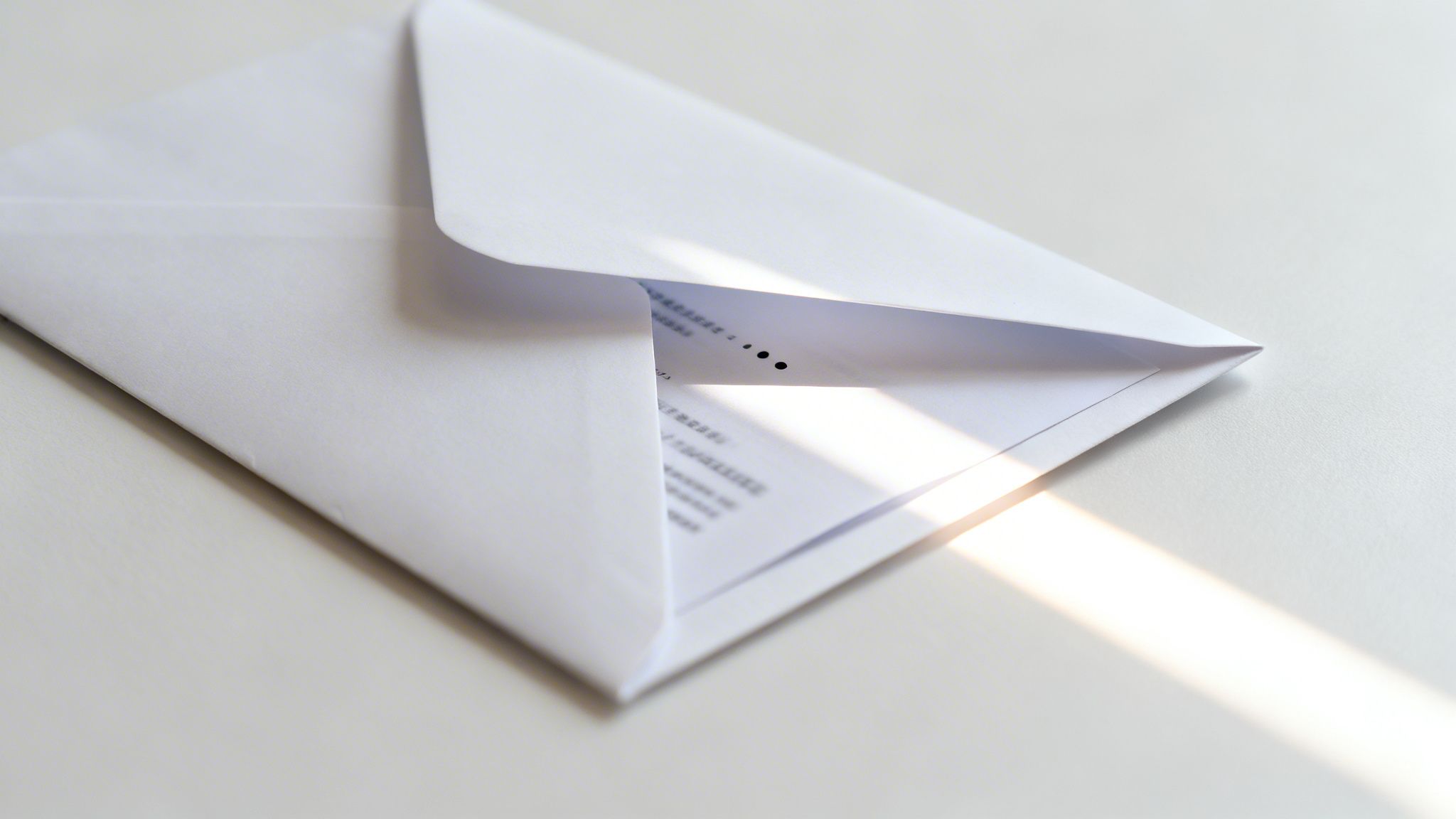 A partially open white envelope with a document inside, illuminated by sunlight on a white surface.