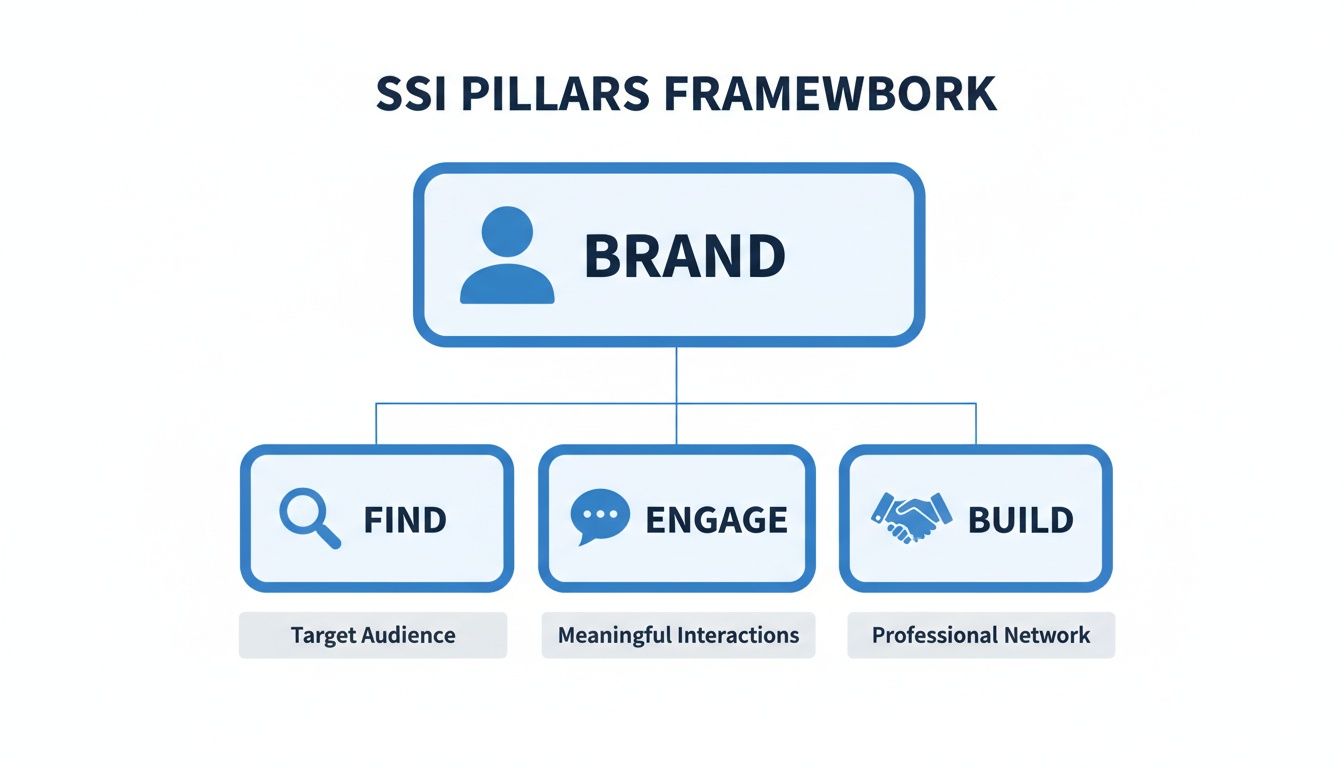 SSI Pillars Framework diagram showing Brand, Find, Engage, and Build elements with descriptions.