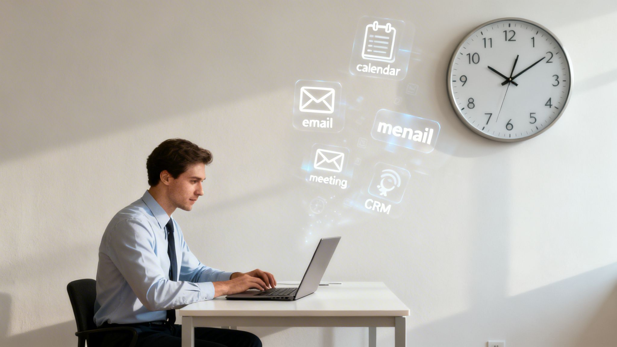 A focused man works on a laptop with productivity icons like email and calendar floating above.