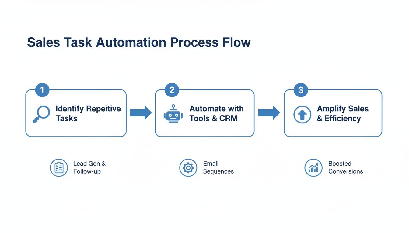 A flowchart outlining the 3-step sales task automation process for increased efficiency and boosted conversions.