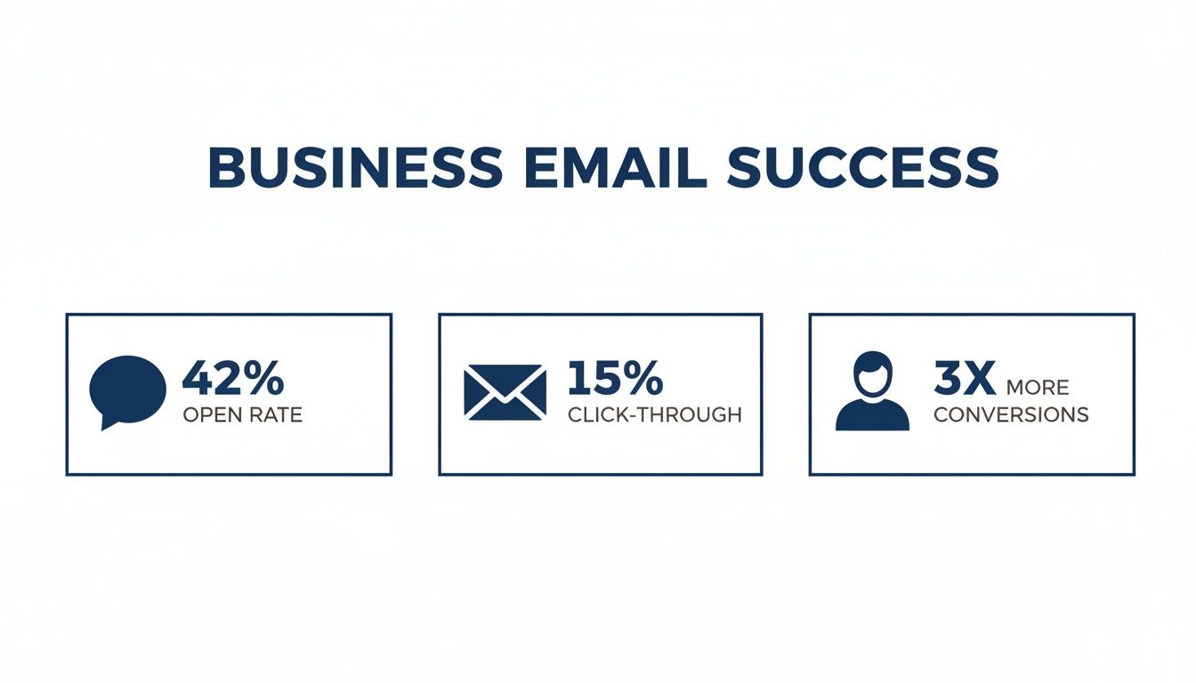 Infographic showing business email success metrics: 42% open rate, 15% click-through, and 3x more conversions.