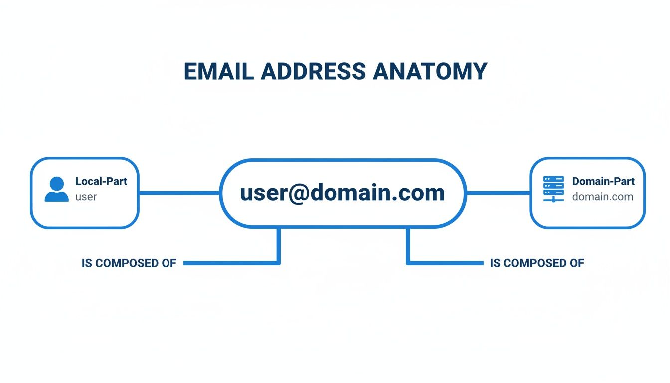 Infographic breaking down an email address into its local part and domain part.