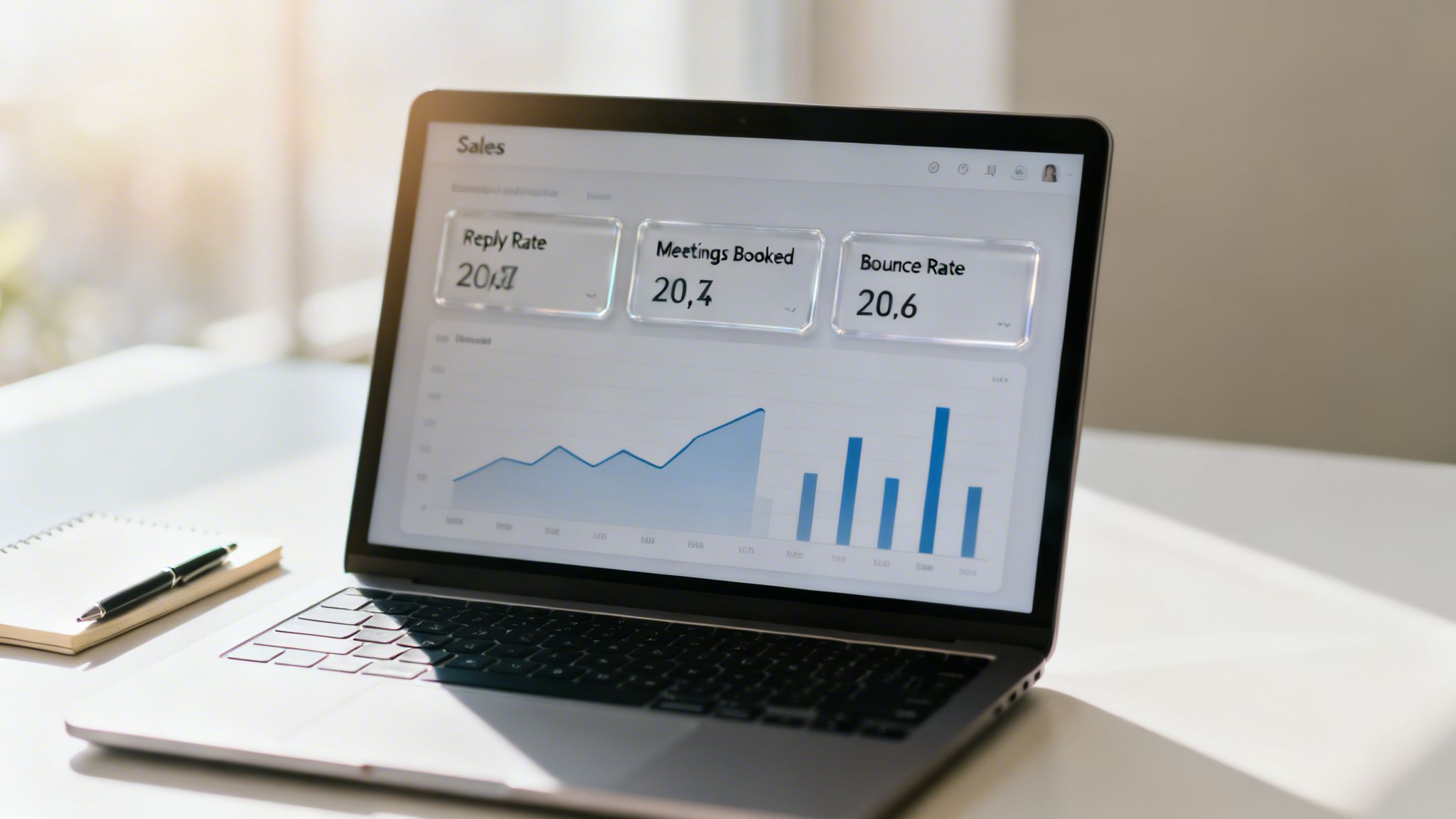 Laptop displaying sales analytics dashboard with charts, reply rate, meetings booked, and bounce rate data.
