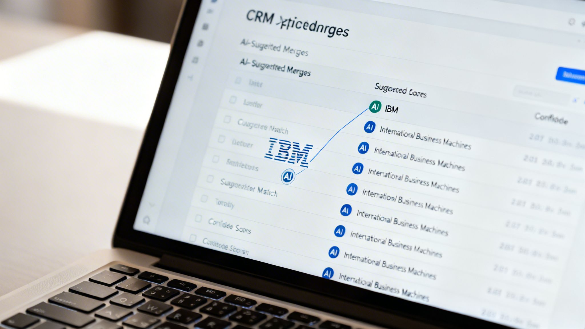 A laptop screen displays a CRM system with AI-suggested data merges, highlighting IBM.