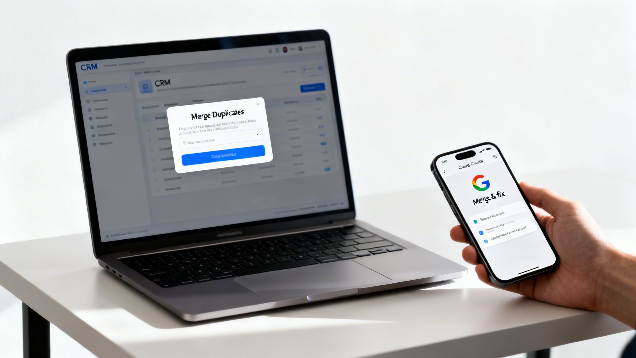 Laptop displaying CRM 'Merge Duplicates' and a hand holding a smartphone with 'Merge & fix' screen.
