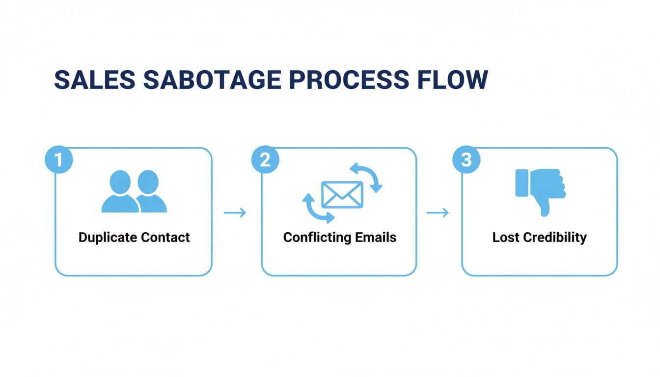 A flow chart illustrating the sales sabotage process, from duplicate contacts to lost credibility.