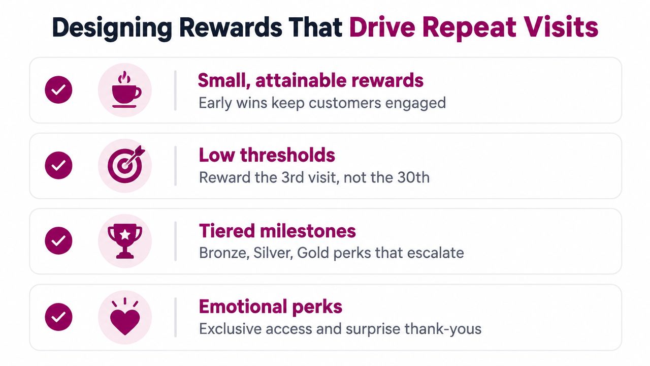 An infographic titled Designing Rewards That Drive Repeat Visits featuring four tips with icons and text.