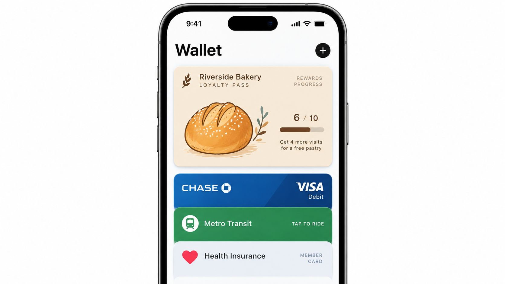A smartphone display showing the Apple Wallet app with a Riverside Bakery loyalty pass, a debit card, and transit passes.