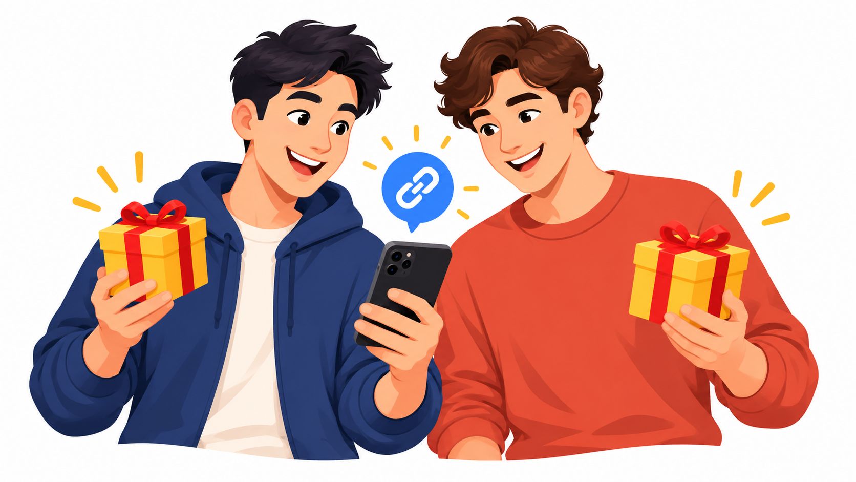 Two cheerful young men looking at a smartphone with a link icon, holding gifts to show incentives.
