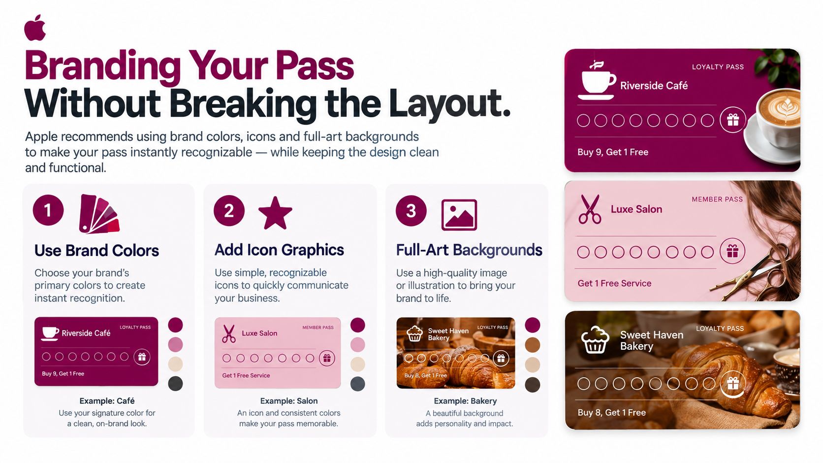 An instructional graphic from Apple demonstrating how to design branded passes for the Apple Wallet app.