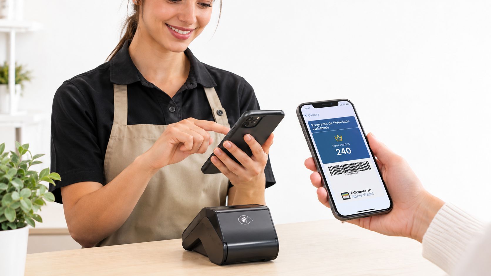 A customer presenting a digital loyalty card on their smartphone to a store employee at checkout.