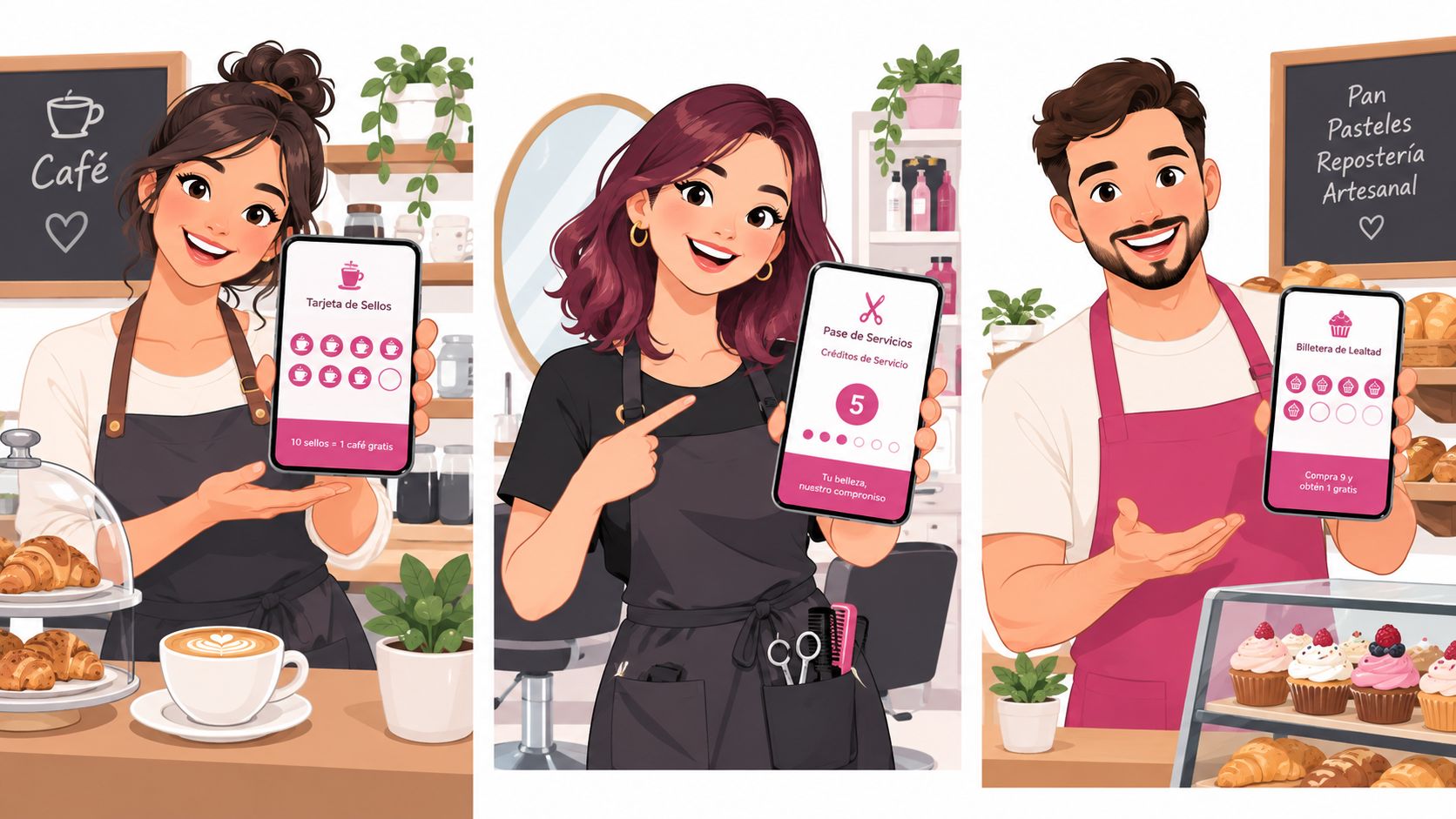 Three business owners displaying digital loyalty punch cards on their smartphones for customers in their shops.