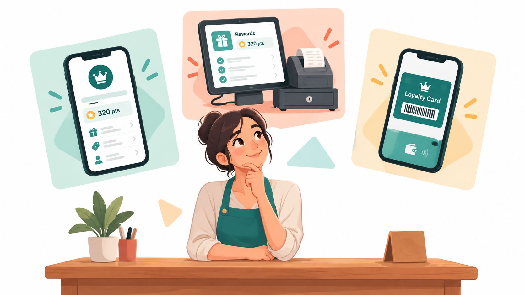 A woman in a green apron thinking about digital loyalty rewards software for retail businesses.
