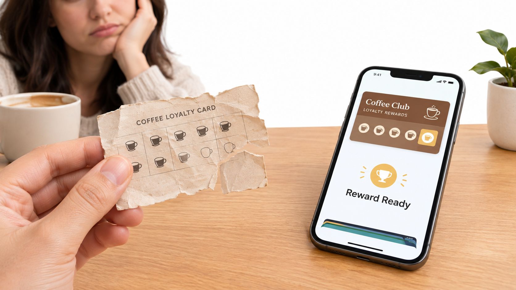 A person compares a torn paper coffee loyalty card with a digital rewards app on a smartphone.