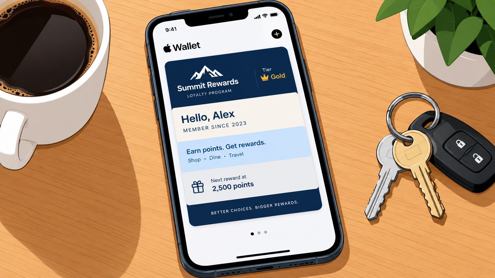 A smartphone on a wooden desk displaying a Summit Rewards loyalty card within the Apple Wallet app.
