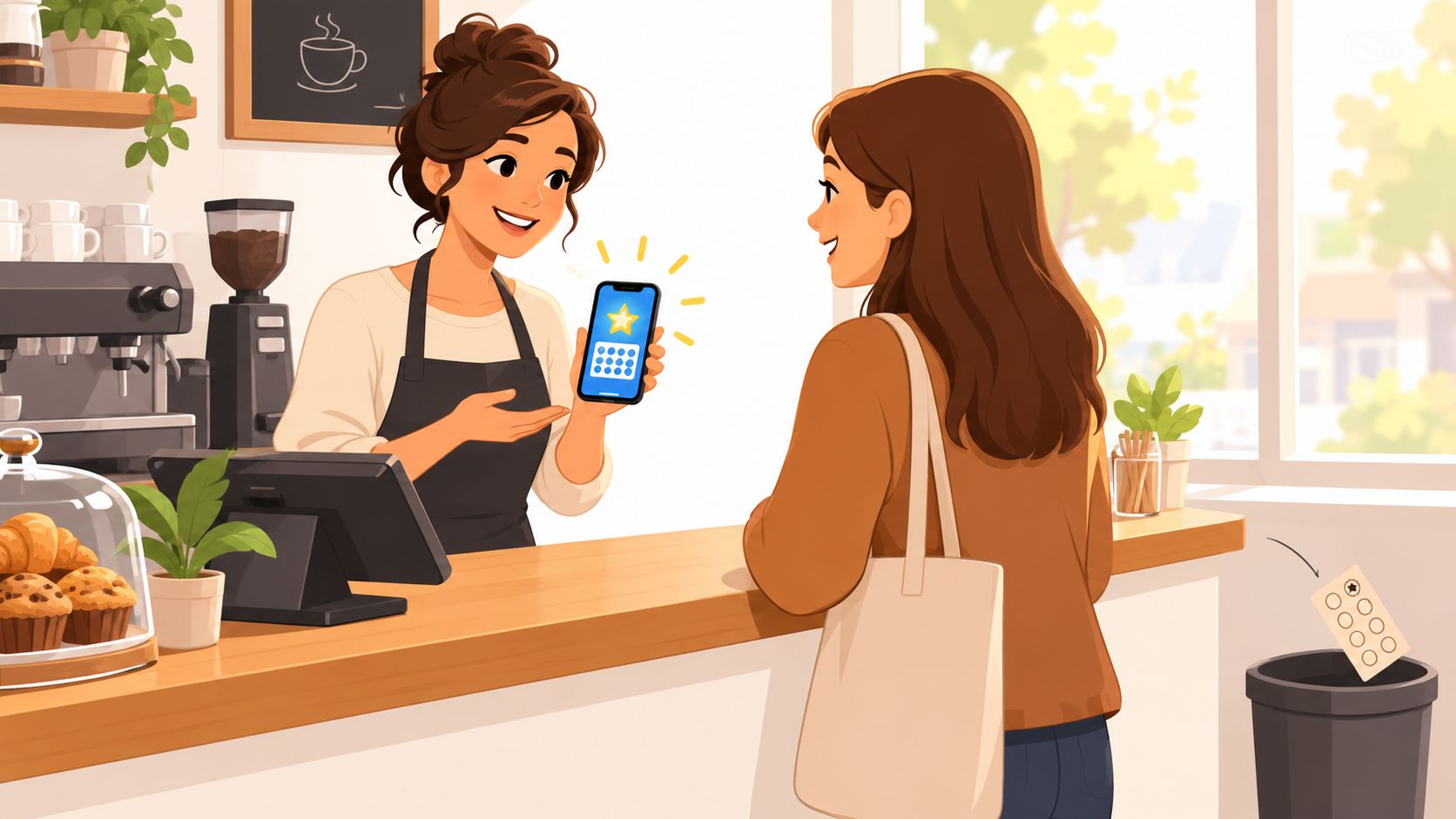 A friendly barista showing a digital loyalty card on a smartphone screen to a customer in café.