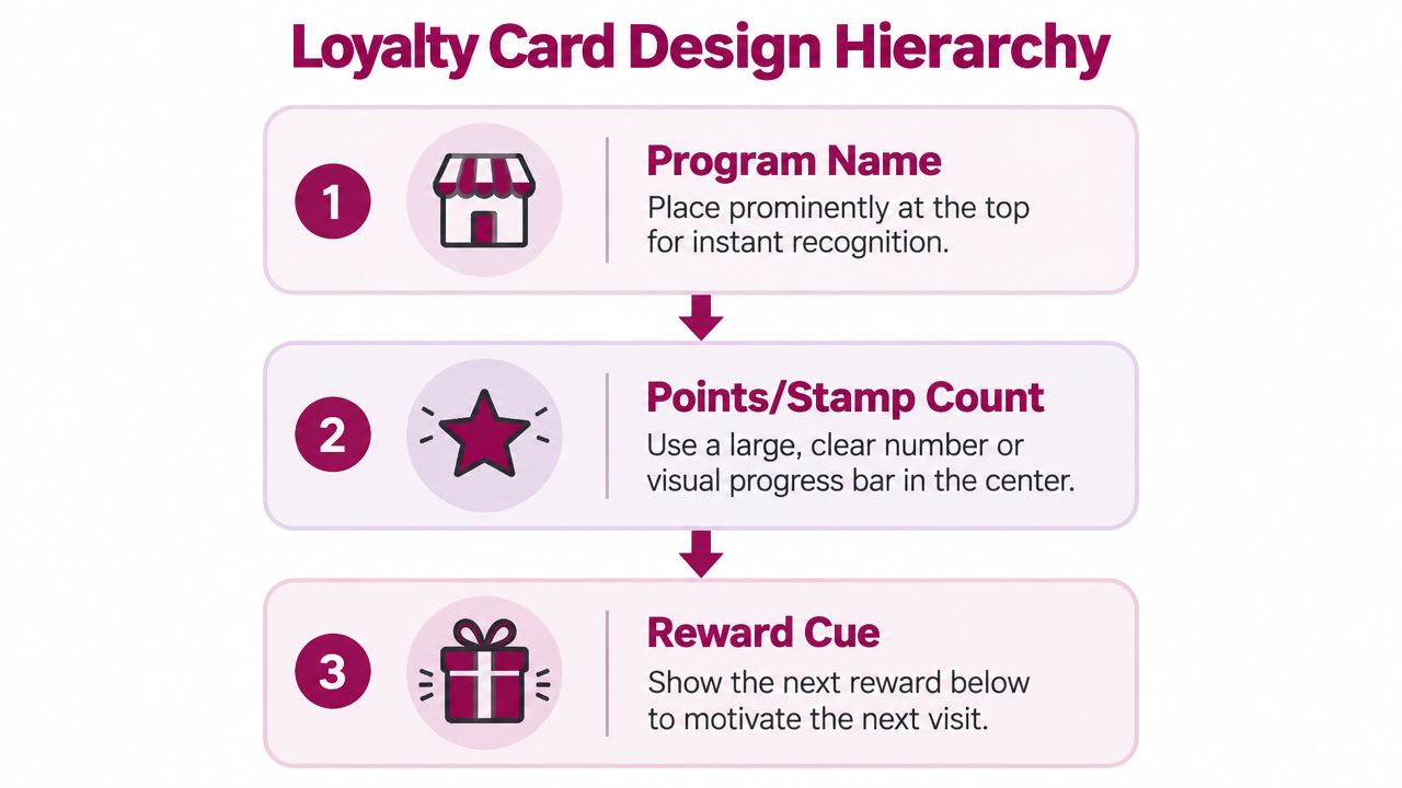 A visual guide showing a three-step hierarchy for effective loyalty card design to increase customer engagement.