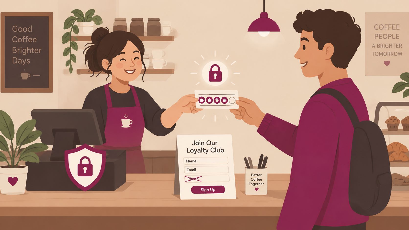 A barista handing a loyalty stamp card to a customer at a cafe counter with sign up form.
