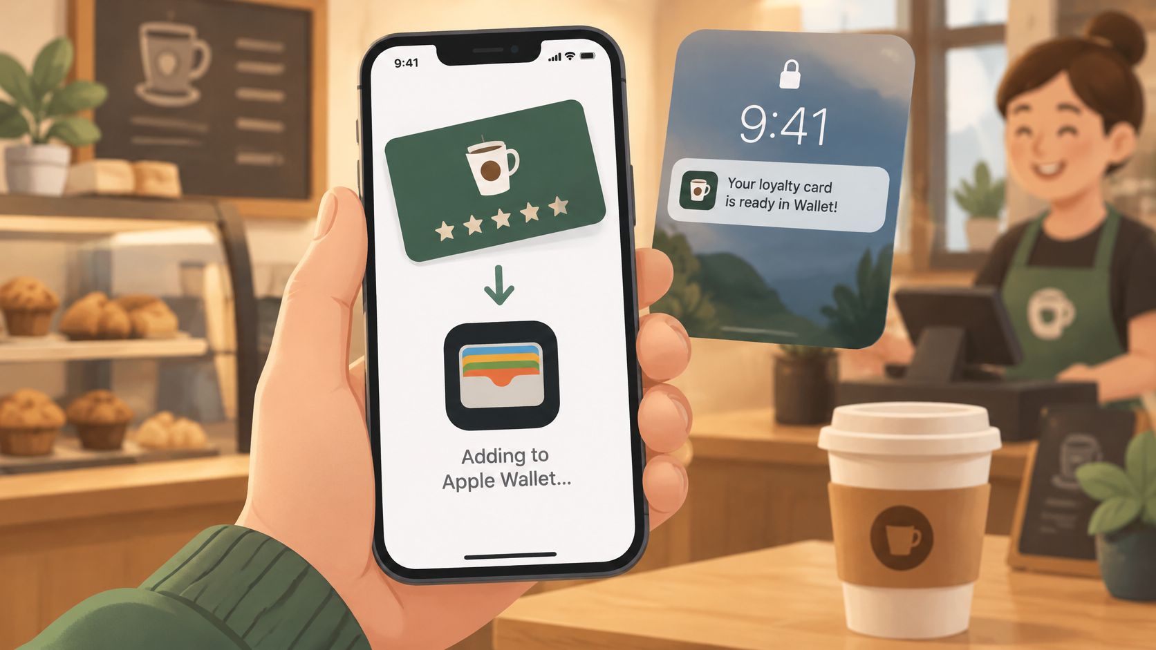 A hand holding a smartphone displaying a loyalty card being added to the digital Apple Wallet app.