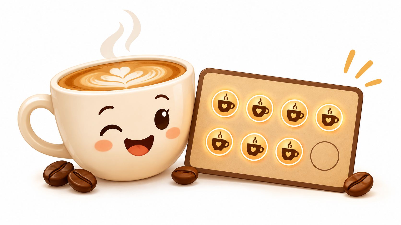 A cute cartoon coffee cup with a happy face next to a loyalty card with seven stamps.
