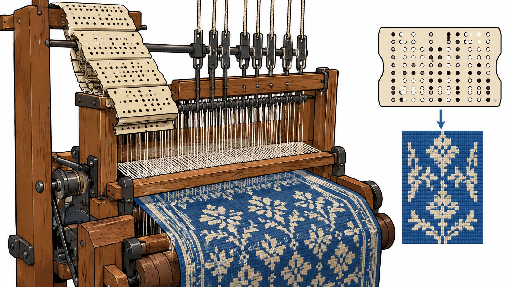 A detailed illustration of a Jacquard loom using punch cards to weave a decorative blue floral pattern.