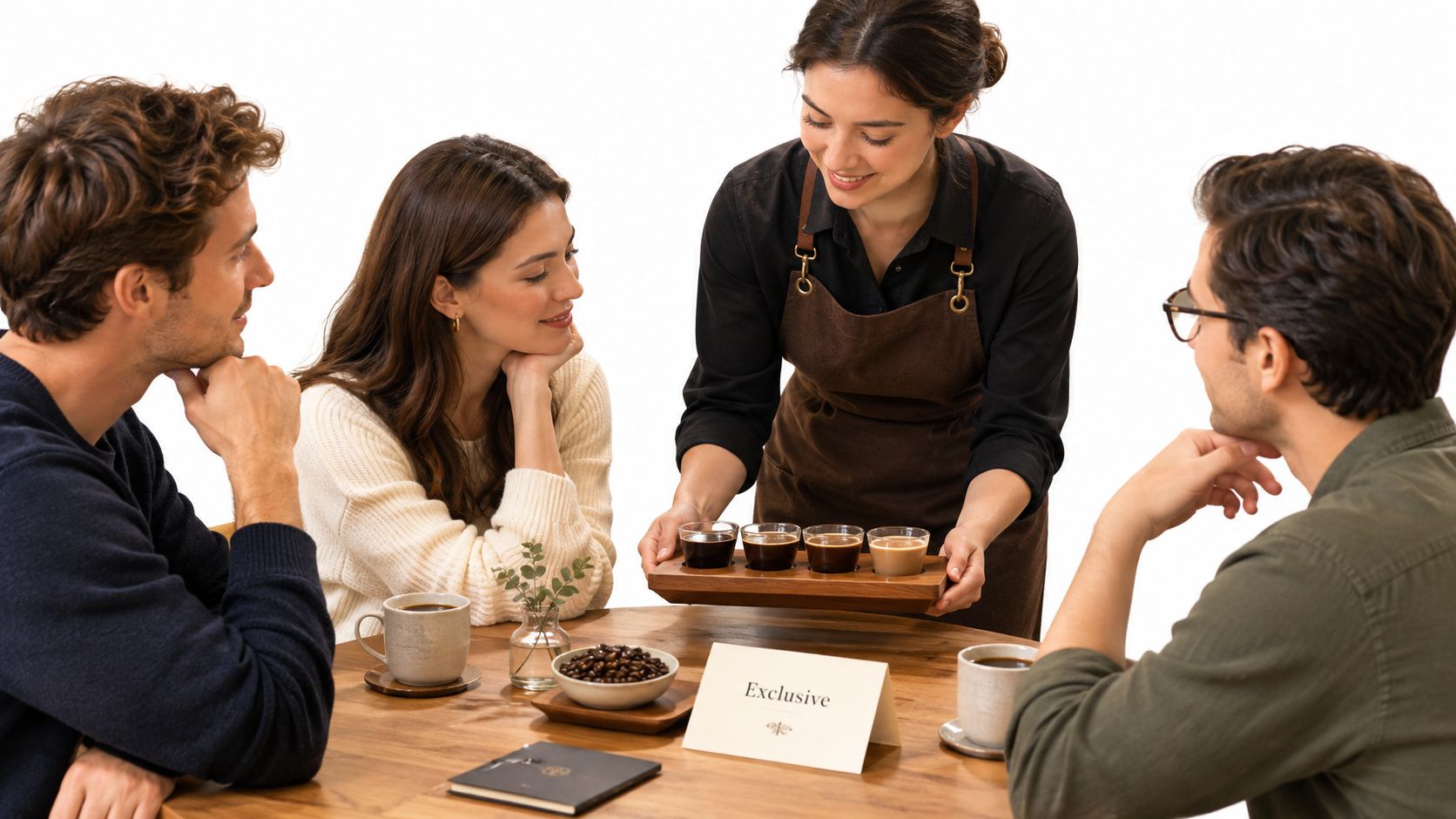 A smiling barista presents a wooden tray of coffee samples to two customers at a table.